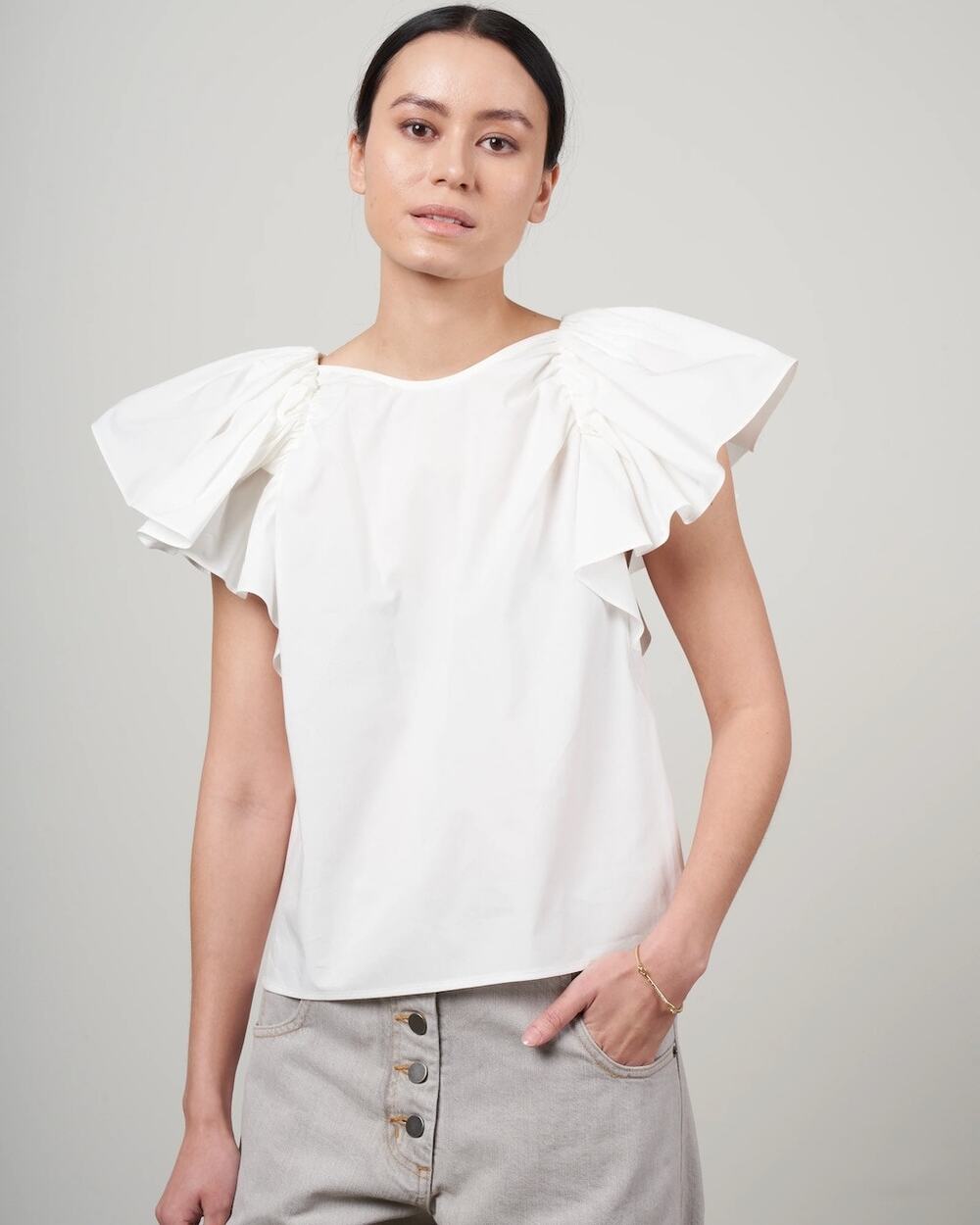 Rachel Comey Brink Top Blouse Off-White Size 10 Flutter Sleeve Cotton